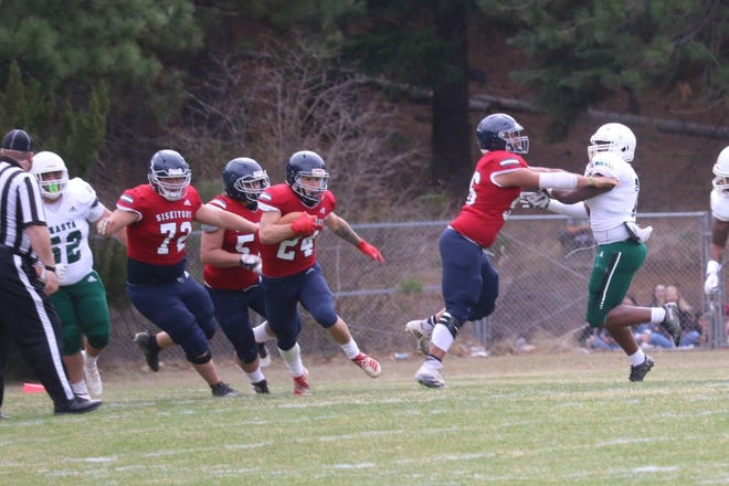Football action against the Feather River Golden Eagles at College of the Siskiyous on Saturday, April 10 in Weed.